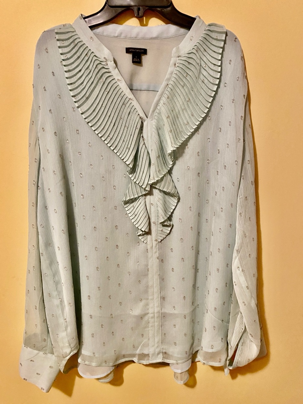 Ann Taylor Pale Mint Ruffle Front Glitter Blouse L